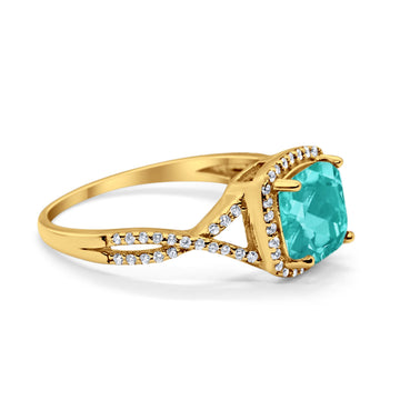 Halo Infinity Shank Engagement Ring Cushion Yellow Tone, Simulated Paraiba Tourmaline CZ 925 Sterling Silver